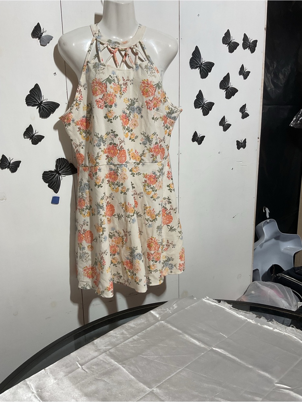 No Boundaries Cream Floral Halter Mini Dress with Peach Blooms